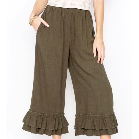 Last☝️Linen/Cotton Ruffle High Waist Culotte Pants - Picture 2 of 7